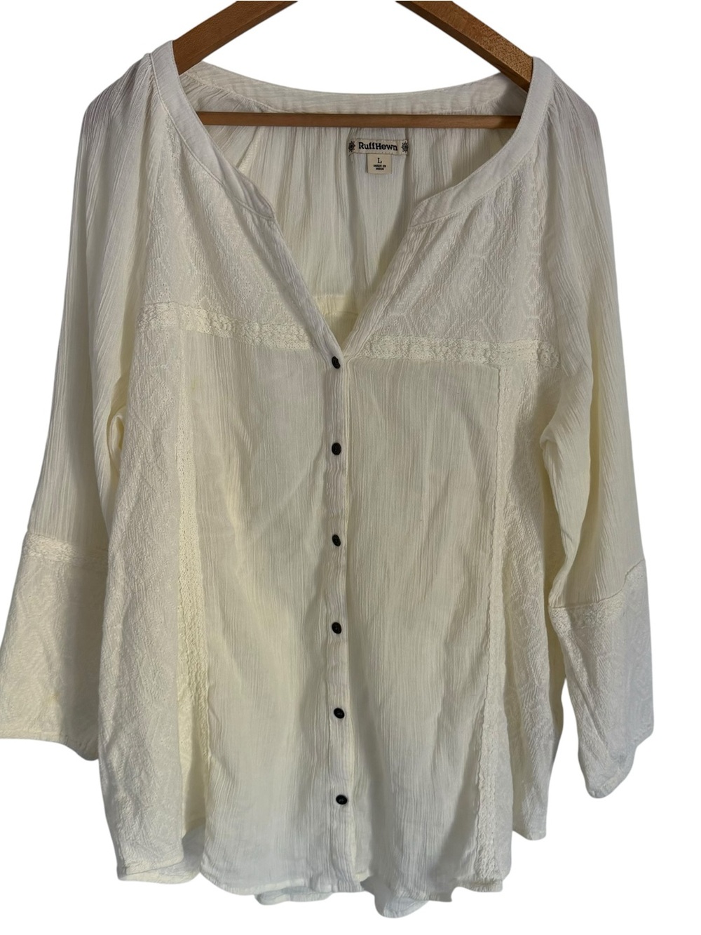 Ruff Hewn Ivory Embroidered Boho Peasant Blouse Women’s L Cottagecore